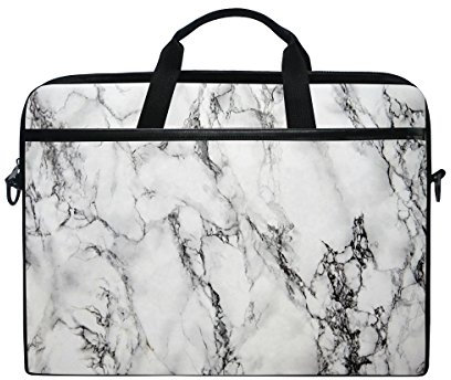 Laptop Case, Marble Printed with 3 Compartment Shoulder Strap Handle Canvas Notebook Computer Bag Perfect for 13 13.3 14 15 inch White