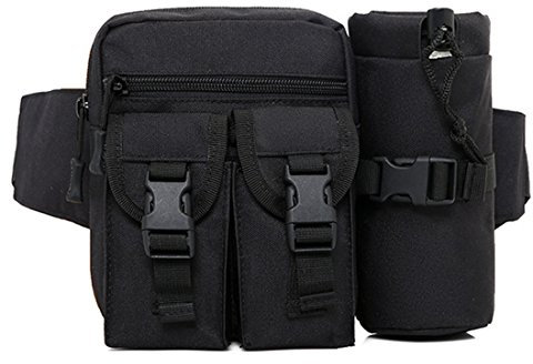 Dooppa Bumbag Portable Tactical Waist Bag with Water Bottle Pouch for Hiking Walking Cycling Climbing Fishing (Black)