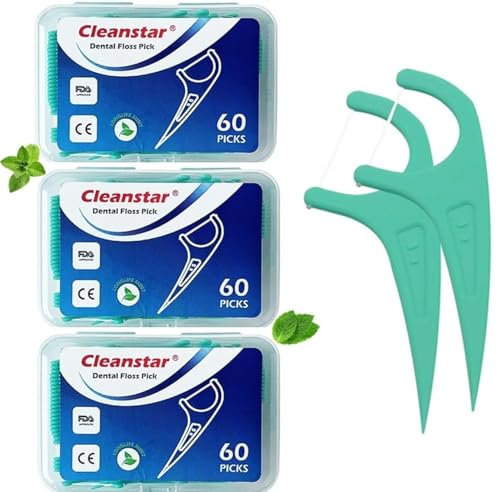 DenCare - Palillos de hilo dental con certificación FDA y CE, 180 unidades, con sabor a menta, resistentes a las trituraciones, palillos de limpieza de dientes, hilo dental fuerte, paquete de 3