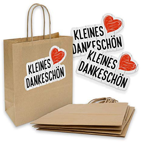 5x itenga Papiertragetaschen + Aufkleber kleines Dankeschön Geschenktüten mit Kordel 18x8x22cm 90g braun Kraftpapiertüten Kraftpapierbeutel mit Griff mittlere Größe