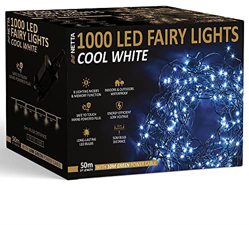 NETTA Christmas Tree Fairy Lights 1000 LED 50m Cool White with 8 Different Modes; for Outdoor & Indoor Use, Plug in Xmas Party Decorations - 1000 LED/ 50M Lit-Length