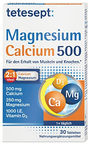 tetesept Magnesium Calcium 500 – 1 x 30 Tabletten– Nahrungsergänzungsmittel für den Erhalt von Muskeln und Knochen, mit Vitamin D3