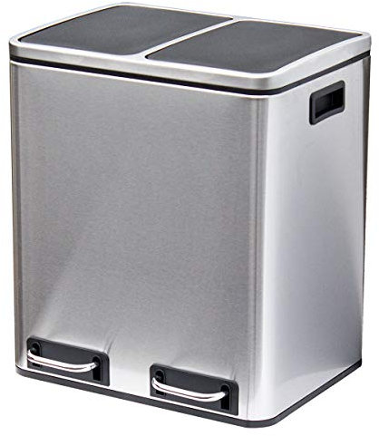 EVRE 30 L Stainless Steel Recycling Pedal Bin 2 x 15 Litre Removable Multi Compartments And Soft Close Lid for Kitchen Office General Waste (Silver)