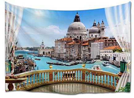 A.Monamour Wandteppich 3D Balkon Großen Kanals Basilika Santa Maria Della Salute Venedig Italien Stoff Tapisserie Wandbehang Wanddeko Wandkunst Wandbilder Wandtuch für Wohnzimmer Schlafzimmer