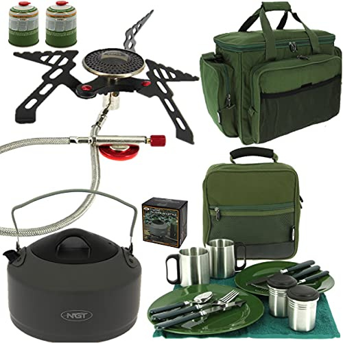 NGT Carp Fishing Gas Stove 3000w + 109 Deluxe Cutlery + 1.1L Kettle + 2 Gas + 709 Bag