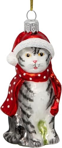 SIKORA Katze mit Weihnachtsmütze besondere Weihnachtskugel Glas Christbaumschmuck Deko Figur Weihnachten Anhänger Ornament - Meisterstücke - BS734, Variante:grau getiegert