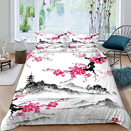 NYSMGS Bettwäsche 155x220 Japanische Kirschblüten Bettwäsche-Set 3 Teilig 3D-Druck Malen Bettbezug 155x220 Mit Reißverschluss Sommer Weiche Mikrofaser Teenager Bettbezüge Mit 2 Kissenbezug 80x80 cm