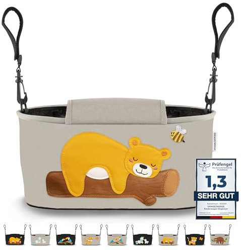 GRINSEZWERGE Kinderwagen Organizer 12 Motive mit Feuchttuchspender I Kinderwagen Tasche mit Schultergurt I Kinder Buggy Organizer I Kinderwagentasche Aufbewahrungstasche Baby Stroller Bag grau Bär