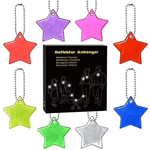 DealKits 20 PCS Sicherheits Reflektor Anhänger, Stern Schlüsselanhänger, Kinder Reflektor Anhänger für Puppensitze Rucksack Handtasche Jacken Rollstuhl Fahrrad Laufen Party Mitgebsel -8 leuchte Farben