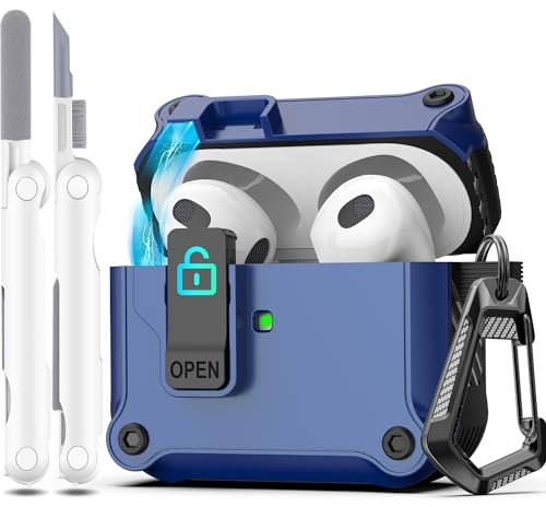 R-fun Compatible con AirPods 3ª Generación 2021 Funda de Carga, Protección Total contra caídas Auto Pop-Up Tapa Compatible con Apple Airpods 3 Gen Funda con Kit de Limpieza y Llavero,Azul