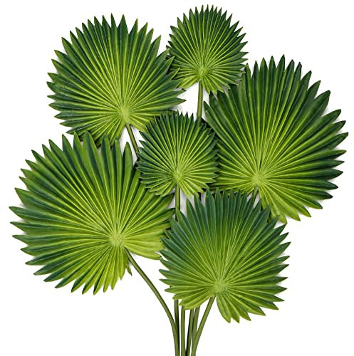 Briful Planta artificial, 6 hojas de palmera, verde tropical, de poliuretano, hojas artificiales con tallo flexible, hojas de palma para arreglos florales, hogar, jardín, fiesta, oficina, decoración