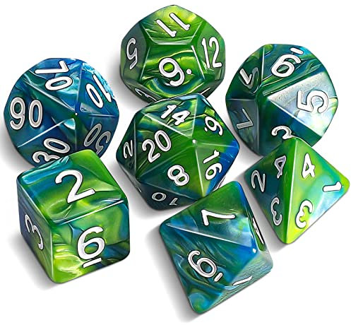 QMAY DND Dice Polyedrisches Würfel Set - 7 Stück für Dungeon und Dragons MTG RPG D&D D20, D12, D10, D%, D8, D6, D4 (Blau und Grün)
