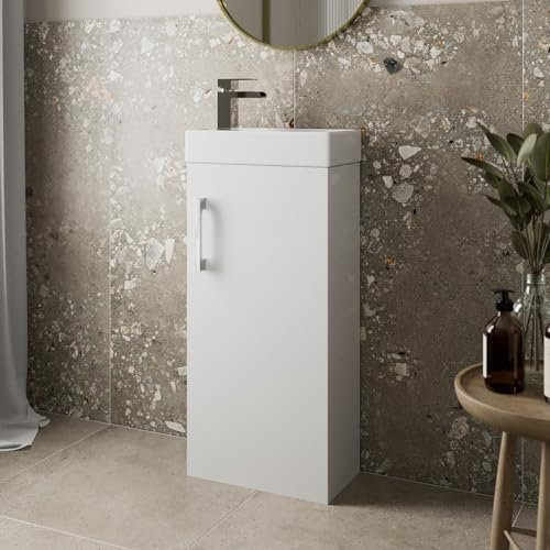 AURORA® 400mm Freestanding Vanity Unit Furniture, Wash Basin Bathroom Sink With Mixer Tap, Soft Close Door, Storage Cabinet, Reversible, White Gloss