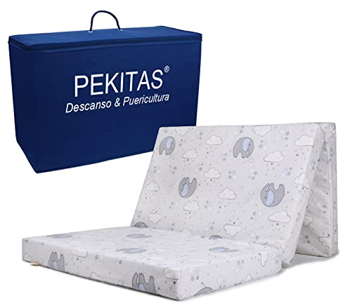 PEKITAS Reisematratze Matratzen, faltbar, 60 x 120 cm, Höhe 6 cm, inklusive Tragetasche, für Babybett, waschbarer, atmungsaktiver Bezug, Elefantenmuster, Grau