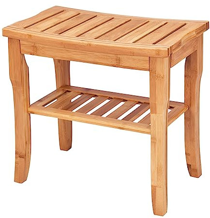 COSTWAY Bamboo Shower Bench, 2-Tier Slatted Spa Bath Stool Shower Seat with Storage Shelf and Non-Slip Feet, Waterproof Bathroom Bathtub Shower Chair for Indoor or Outdoor, 47 x 25 x 44cm