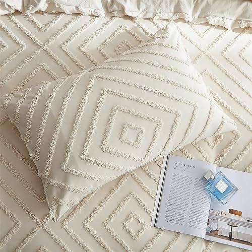 Freyamy 2 Stück Kissenbezug 40x80cm Getuftet Beige Khaki Uni Geometrisch Stickerei Muster Kopfkissenbezug mit Reißverschluss Gewaschene Microfaser Kissenhülle Handwerk