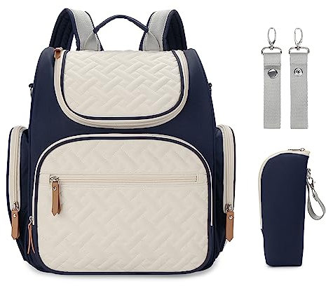 MOMIGO Baby-Wickelrucksack, große Kapazität, Wickeltasche mit Kinderwagengurten und Isoliertaschen, Blau und Beige, Reiserucksäcke