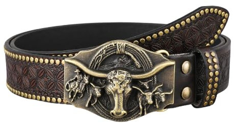 NALANY Herren Damen Nieten Ledergürtel Vintage Western Gravierte Blume Geprägter Gürtel Cowboy Cowgirl Land Taille Riemen(110cm/waist:37, Longhorns)