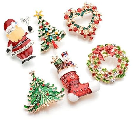 6 Stück Weihnachten Broschen Set mit Strass für Frauen, Wahohousee Kristall Pins Anstecker Weihnachtsschmuck Weihnachtsbäume Schmucknadeln für Weihnachten Dekorationen Give away Weihnachten