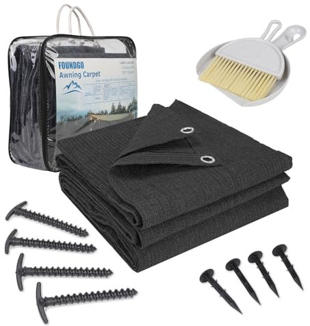 FoundGo Vorzeltteppich mit Ösen [280g/m² HDPE] Camping Teppich Outdoor Vorzeltboden inkl. Tragetasche Stahlnägel & Kleiner Besen Anthrazit 250x500cm