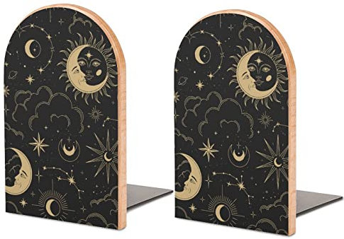 Serre-livres en bois doré, motif soleil, lune, bohème, pour étagères pour contenir des livres, bloque-livres en bois antidérapant, décoration pour la maison et le bureau