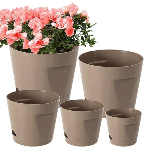 Lot de 3 Pots de Fleurs Plastique Empilables, avec Trous de Drainage et Soucoupes, 10/12.5/15/17.5/20cm, Pot Plantes Brun Rétro pour Décoratif Jardins, Balcon, Salon, Bureau, Intérieurs et Extérieurs