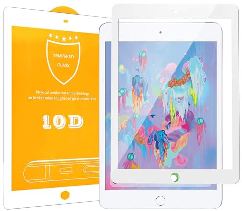 Foxcrypt 10D Full Coverage Protector de pantalla de cristal protector de pantalla compatible con Apple iPad Air/Air 2 / Pro 9.7 / iPad 9.7 2018 y 2017 – Blanco