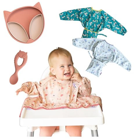 Tidy Tot Babero de destete impermeable Cover & Catch. Manga larga, de cuerpo entero y apto para tronas x 3, Plato Bebe con Ventosa, Cuchara de destete de silicona con mango de fácil agarre