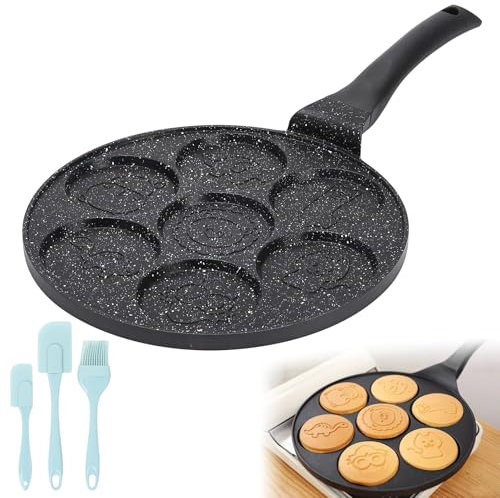 Padella per pancake, a 7 fori, con pennello per olio, padella per uova, padella, padella antiaderente, padella per la colazione per pancake, omelette, frittelle per uova fritte (diametro 26 cm)