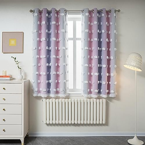MYSKY HOME Vorhang Kinderzimmer Mädchen Blickdichte Gardine 2er Set Verdunklungsvorhänge Doppellagige Kurz Raumteiler Vorhänge mit Voile Wohnzimmer Gardinen für Zuhause, H 160 x B 132 cm, Rosa+Lila