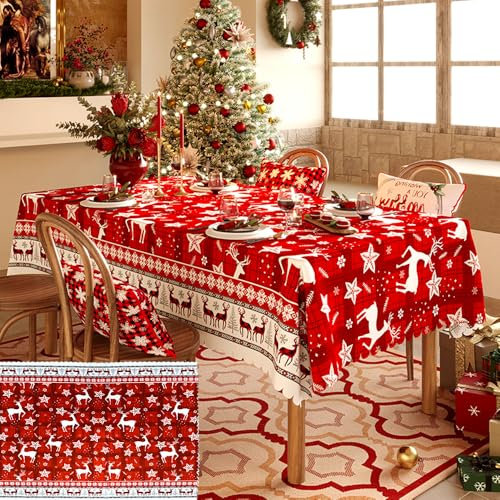DTYGUIXE Tovaglia Natalizia,Copritavolo Natalizio Rettangolare da 140 x 180 cm,Tavola Natalizia con Tovaglia Rossa,Panno da Tavolo di Natale,Tovaglia Rossa di Natale per Feste, Decorazione