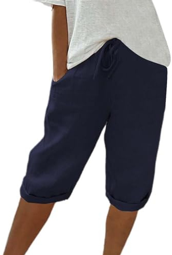 Sommerhose Damen Leicht Sommer Einfarbig Kurze Hosen Leinenhose Mit Kordelzug Casual Pants Hohe Taille Caprihose Stoffhose Bequeme Freizeithose Frauen Elegant Loose Fit Strandhose Outdoorhose