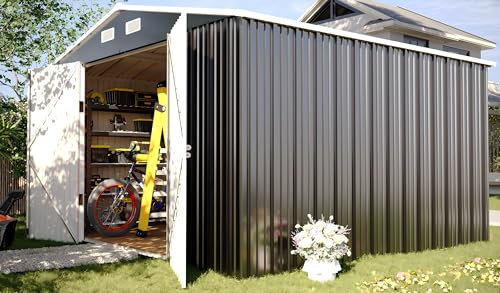 UDPATIO Outdoor Storage Shed 10x10 FT, Outside Sheds & Outdoor Storage Metal Galvanized Steel Yard, Patio, Lawn, Tool Shed with Lockable Door for Can, Bike, Lawnmower, Generator,Dark Grey