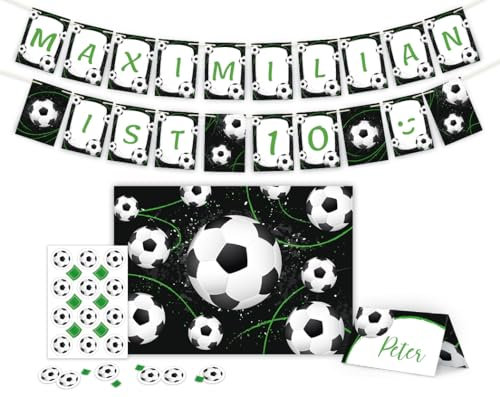 Junapack Party-Set zum Geburtstag für 12 Personen - Tischkarten, Tischunterlagen, doppelseitige Girlanden und Konfetti, ideal für Kindergeburtstag, Party oder Feier Fussball-Party