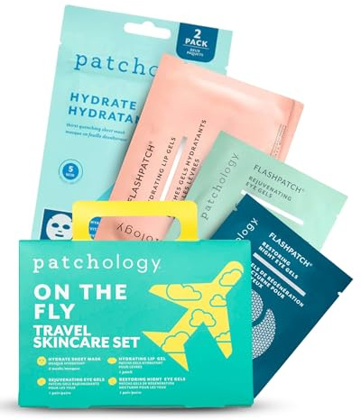 Patchology On The Fly Travel Facial Kit – Travel-Friendly Hydrating Skincare Essentials for Face, Eyes and Lips – Includes 2 Pair Under Eye Patches, 2 Hydrate Sheet Mask for Refreshed Skin,1 Lip Mask