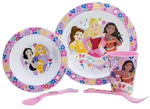 Set vajilla infantil reutilizable apta para microondas compuesto por vaso, plato, cuenco y cubiertos de Princesas - Disney
