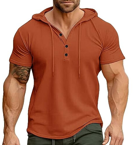 Einfarbiges T-Shirt mit Kapuze, T-Shirt für Herren, kurzärmeliges T-Shirt, Sport-Tops für Herren, T-Shirt mit Kapuze Tank Top Dachdecker (Red, XXL)
