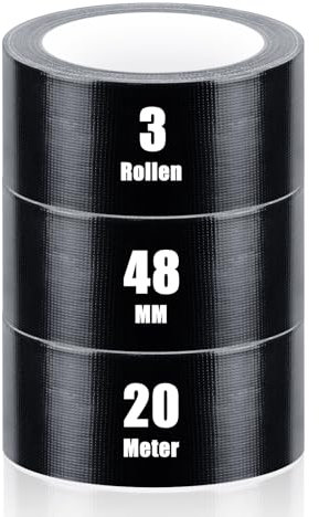 iuqiepo 3 Rollen Panzertape, Gewebeklebeband 20m x 48mm, Wasserfestes Reparaturband für Innen und Außen, Handreißbares Panzerband, Hochklebendes Panzertape Schwarz