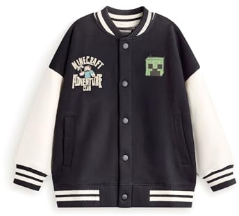 Minecraft Creeper-Bomberjacke in Schwarz und Weiß | Jungen-Unijacke Adventure Club-Grafiken | Langarm-Oberbekleidung für Freizeitkleidung Merch