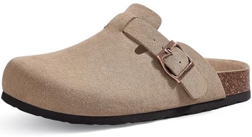 KIDMI Unisex Vegan Suede Clogs Leather Mules Womens Mens Cork Footbed Potato Shoes with Arch Support, Vegan Suede Taupe, Size 39