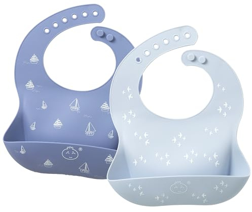 Little Dimsum Baby Lätzchen Silikon 2er Set，Abwaschbare Lätzchen mit Auffangschale und verstellbarem Verschluss, für Babys 6-36 Monate(Sailboat&Seagull)