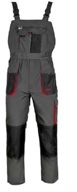 Luckyberg Herren Latzhose, Arbeitshose viel funktionale Taschen. Arbeitslatzhose Herren Größe: 44-62 (DE/NL/SE/PL, Numerisch, 58, Regular, Regular, Grau Rot, Grau Rot)