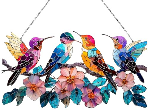 Hummingbird Suncatcher Window Hanging - Acrylic Colorful Bird Sun Catchers - Stained Glass Style Decor - Ornament for Home Living Room Garden - Bird Lover Gift