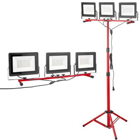 VEVOR Projecteur LED sur trépied, 21000 LM, lampe de travail LED portable à trois têtes avec interrupteur individuel et cordon d'alimentation de 3,3 m, étanchéité IP65, pour chantiers de construction