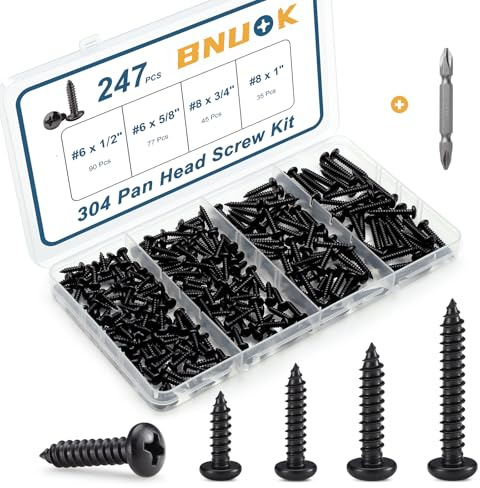 BNUOK 247Pcs Pan Head Wood Screws Assortment Kit, #6#8 Black Oxide Stainless Steel 304 Self Tapping Screws Set, Phillips Drive, Sheet Metal Screws