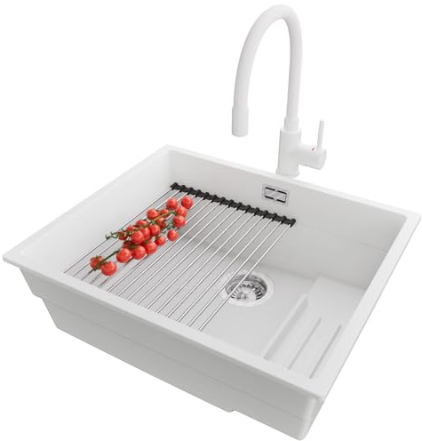 PRIMAGRAN Unterbauspüle ab 60er Unterschrank + Küchenarmatur, 56x47cm | Set: Küchenarmatur BW6020 + Ablauf-Set + Abtropfmatte + Spülbecken 1 Becken - Prag Step, Weiß