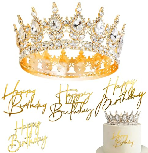 Gleevio Tortendeko Krone Geburtstag Mädchen Damen,mit 4 Stück Happy Birthday Cake Topper Prinzessin Krone Mädchen,Happy Birthday Deko Torte für Geburtstagsgeschenk Brautkrone Abschlussball,Gold