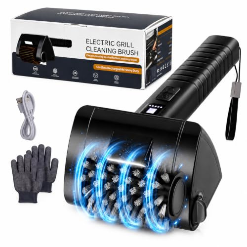 Elektrische Grillbürste Kabellos 4000mAh Akku 304 Edelstahl für Grillrost | Reinigungsbürste mit 2-Stufen Reinigung, 90 Min Laufzeit, LED-Licht, Wasserdicht und BBQ-Grillbürste für Männer