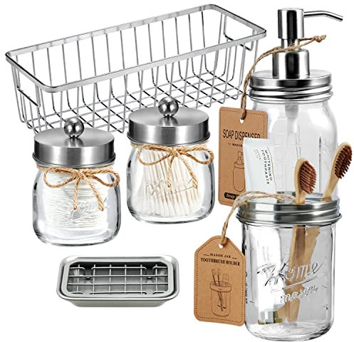 Mason Jar Bathroom Accessories Set- 6PCS - Lotion Soap Dispenser,Toothbrush Holder,2 Apothecary Jars(Qtip Holder), Soap Dish,Storage Organizer Basket - Rustic Farmhouse Decor (Brushed Nickel)