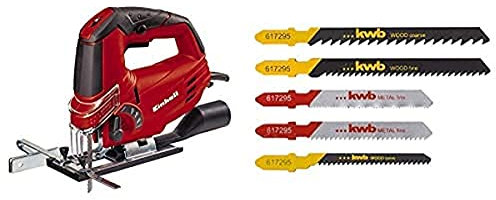 Einhell Stichsäge TC-JS 85 (620 W, max. 85 mm, 45° Schrägschnitt, Hubzahlregelung, 4-Stufen Pendelhub, Absaugadapter, Parallelanschlag, Koffer, inkl. 5-tlg. T-Schaft Sägeblatt-Set)
